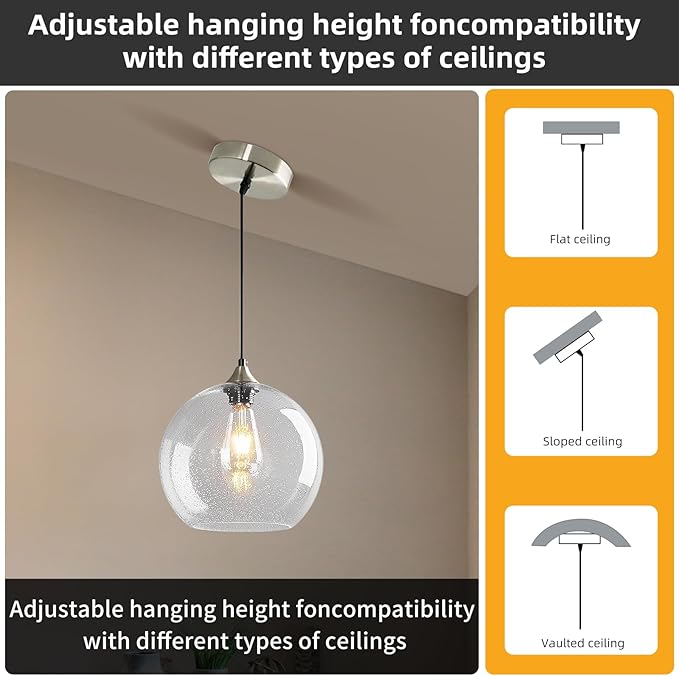 Modern 3-Pack Glass Globe Pendant Lights, Clear Modern Pendant Lighting for Kitchen Island, Clear Glass Hanging Lamps for Dining Room Living Room Bedroom, Large 9.85 Inch Fixture (Bulbs Not Included)