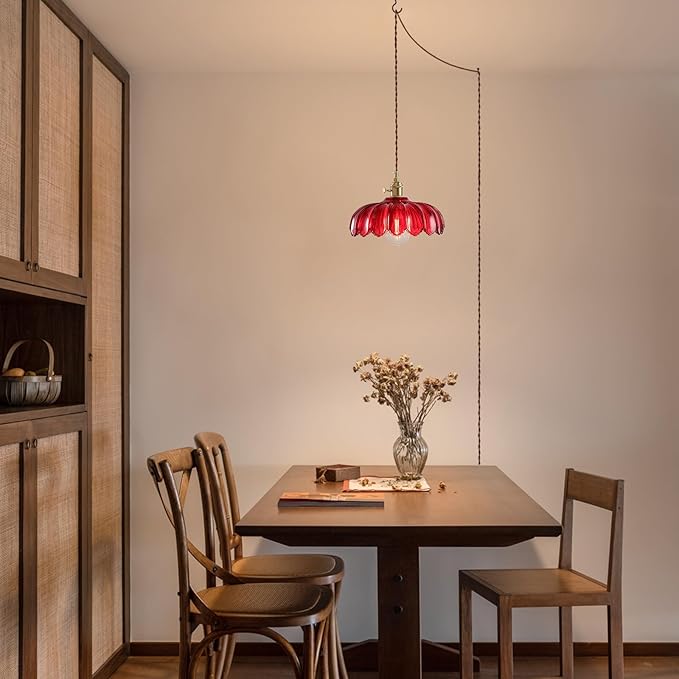 XZHGCEE Plug in Pendant Light: Hanging Light Plug in Red Glass Hanging Lamp, Pendant Lighting for Kitchen Island, Bedroom, Dining Room, Living Room, E26 No Bulb