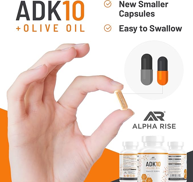 ADK 10 Complément vitaminique + Huile d'olive pour une meilleure absorption - avec Vitamines A + D3 (10 000 UI) + K2 (MK7+MK4) - 90 Capsules - Végétarien - Sans OGM