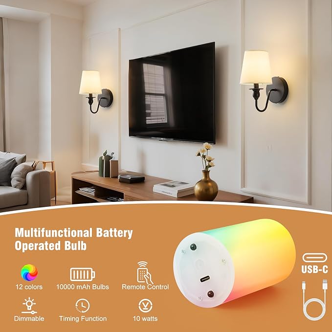 Battery Operated Wall Sconce Set of 2,Wireless Wall Sconces with 10000 mAh,RGB Rechargeable Sconces with Remote,Cordless Wall Lights for Bedroom,Living Room,Bathroom,Renter Friendly Home Decor (Black)