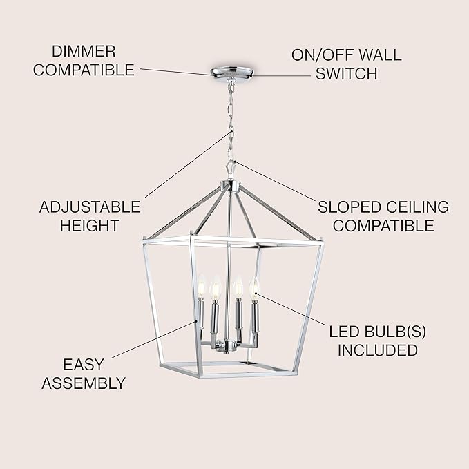 JONATHAN Y 16" Chrome Lantern Pendant Light, 1-Light Pagoda Style Metal Cage Farmhouse Hanging Ceiling Fixture for Kitchen Island, LED Bulb Included (JYL7437C)