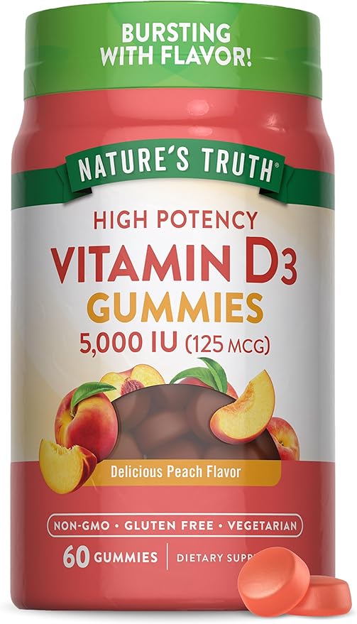 Nature's Truth ビタミンD3 グミ | 5000IU | 60粒入り | ピーチ味 | ベジタリアン、非遺伝子組み換え、グルテンフリーのサプリメント