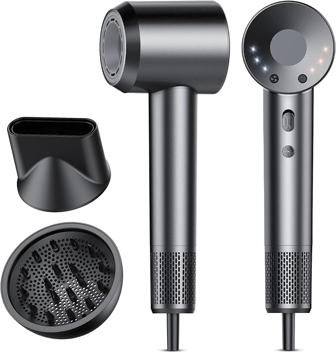 aowoka Hair Dryer, 160000 RPM Professional High Speed Ionic Blow Dryer 500 Million Negative Ions & Heat-Control & Low Noise Hairdryer for Faster Drying, Frizz Reduce, Travel with Diffuser（Grey）