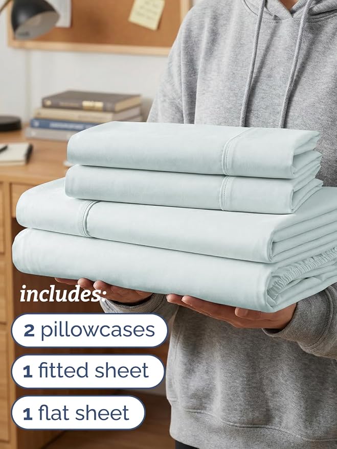Twin XL 4 Piece Sheet Set - Comfy Breathable & Cooling - Ultra-Soft Hotel Luxury Bedding Set w/ 8-16 Inch Deep Pockets - 1 Flat & 1 Fitted Sheet & 2 Pillowcases - Wrinkle Free & Easy Care - Ice Blue