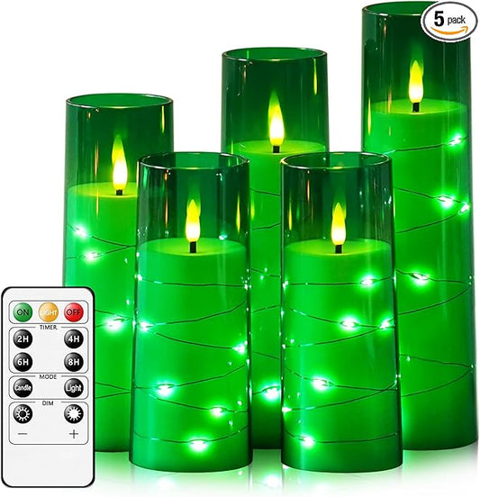 kakoya Flameless LED Candles with Timer 5 Pc Flickering Flameless Candles for Romantic Ambiance and Home Decoration Stable Acrylic Shell,with Embedded Star String，Battery Operated Candles（Green）