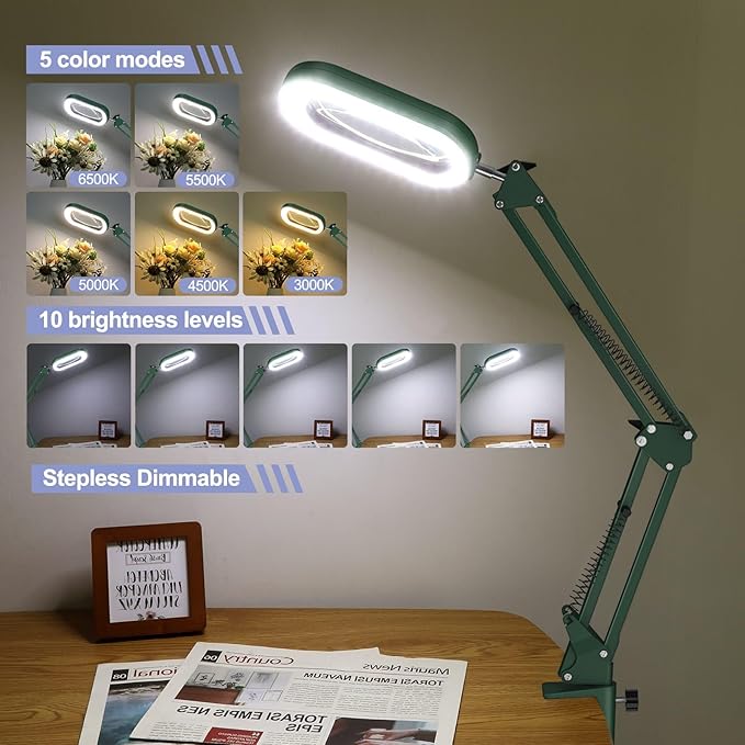Drdefi 10X Square Magnifying Glass with Light and Stand, Real Glass LED Lighted Magnifier, 5 Color Modes Stepless Dimmable, Hands-Free Mag Desk Lamp with Clamp for Reading Craft Hobby Close Work Green