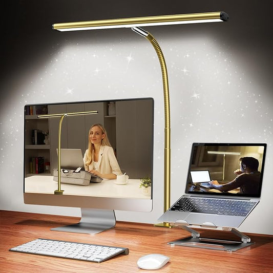 Airlonv LED Desk Lamp for Office Home, Eye-Caring Desk Light with Stepless Dimming Adjustable Flexible Gooseneck, 10W USB Adapter Desk Lamp with Clamp for Reading, Study, Workbench (Gold)