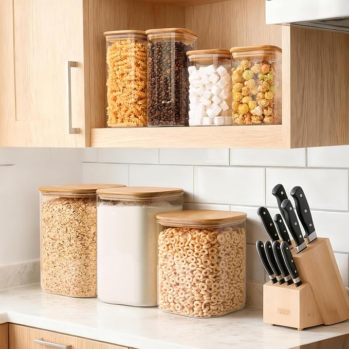 2-Pack 1 Gallon Square Glass Flour and Sugar Containers with Lids, Large Airtight Pantry Jars for Baking - Glass Canisters with Scoops & Labels for Bulk Food
