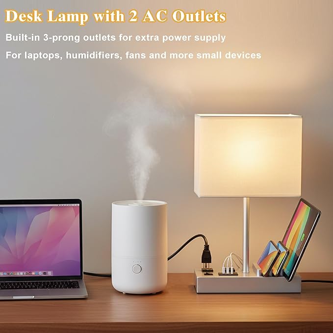 Briever USB Table Lamp, Multi-Functional Desk Lamp with 2 AC Outlets, Bedside Lamp with 3 USB Charging Ports and Wooden Phone Stands, Nightstand Lamp for Bedroom, Livingroom, Office, Silver Woodgrain