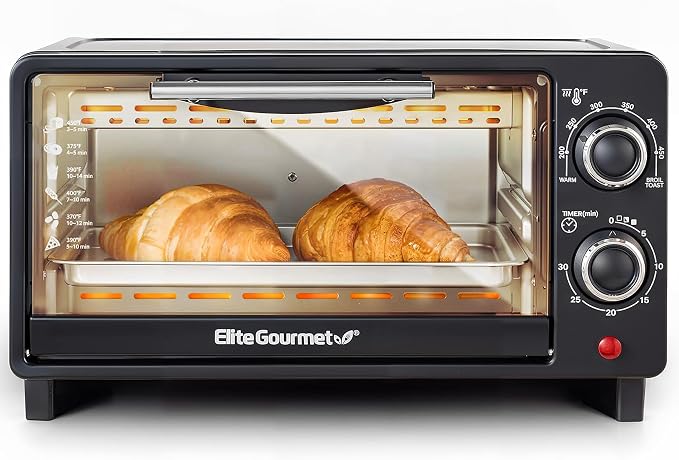 Elite Gourmet ETO490 9L/4 Slice Countertop Toaster Oven with 30-Minute Timer, Adjustable Temperature Control, Includes Baking Pan, Wire Rack and Crumb Tray, Bake, Broil, Toast, Black