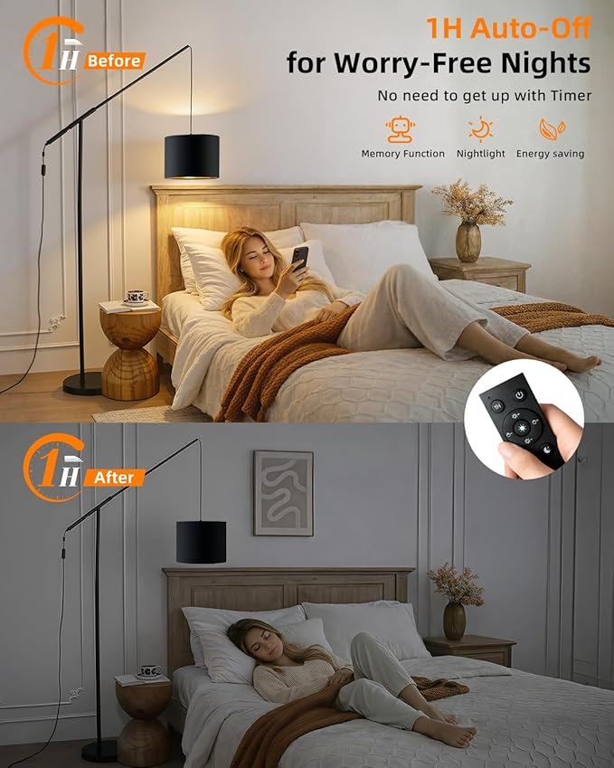 Arc Floor Lamp for Living Room, Dimmable Standing Lamp with Remote, Brightness & Color Temp Adjustable, Height Adjustable Arched Reading Light with LED Bulb, Black Tall Pole Lamp for Bedroom, Office