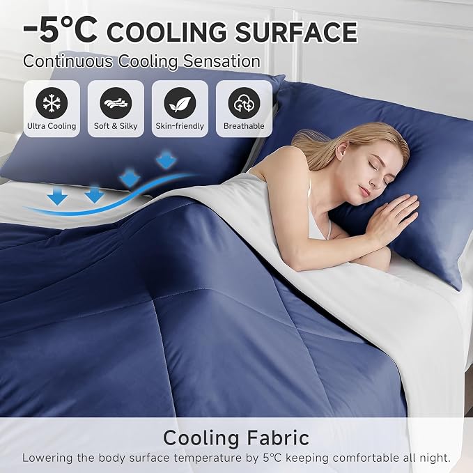 HOMFINE Cooling Comforter Japanese Double-Sided Cold Tech Fabric Cooling Blanket for Night Sweats Hot Sleepers, Q-Max 0.45 Soft Breathable Silky Smooth Lightweight Dark Blue Summer Comforter King