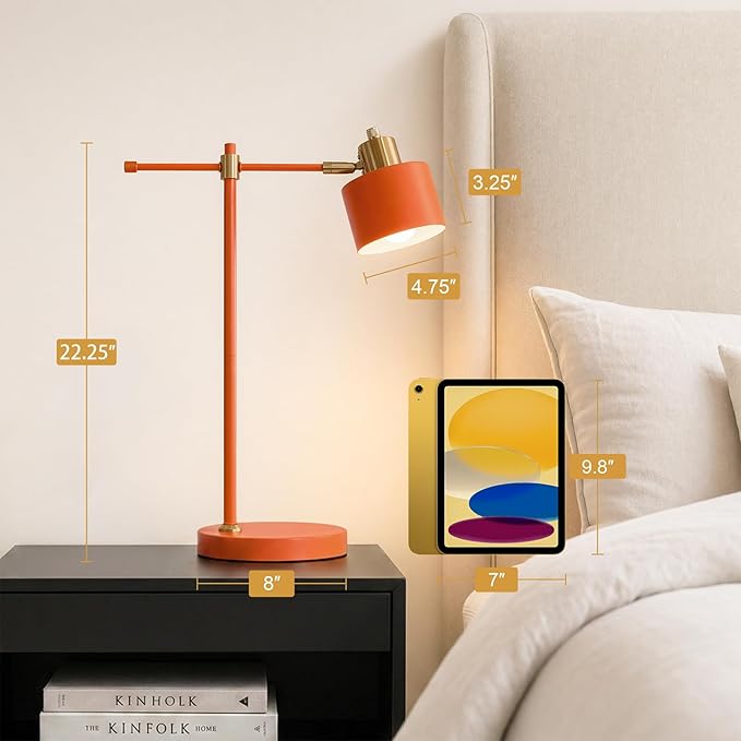 OYEARS 22.2" Modern Desk Lamp, Metal Table Lamp with LED Bulb, Adjustable Reading Lamps for Living Room, Mid Century Task Lamp for Home Office, Industrial Bedside Lamps with Solid Base, Orange