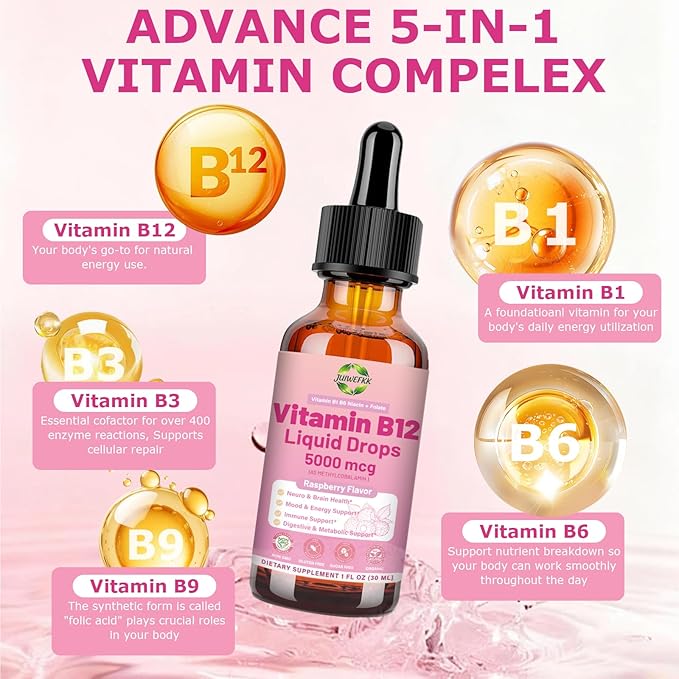 Vitamine B12 liquide en gouttes 5000 mcg - Méthylcobalamine B12 extra forte avec B1 B6 B3 Folate Niacine - Absorption rapide gouttes sublinguales de B-12 pour le métabolisme énergétique et la fonction cérébrale, Complexe B végétalien