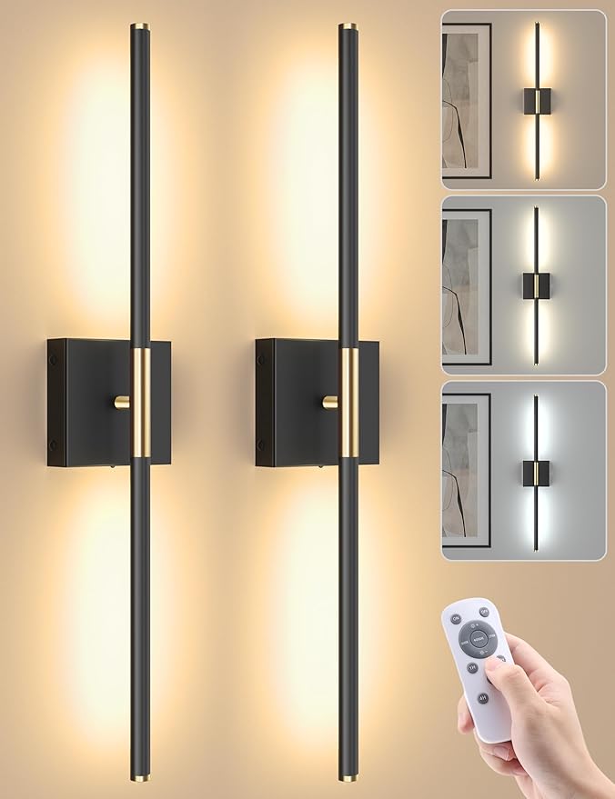 7800mAh Battery Operated Wall Sconces Set of Two, Rechargeable Wall Sconces with Remote, 360° Rotatable Battery Wall Sconce Decor, 27.6'' Wireless Wall Lights for Bedroom, Living Room(Black Gold)