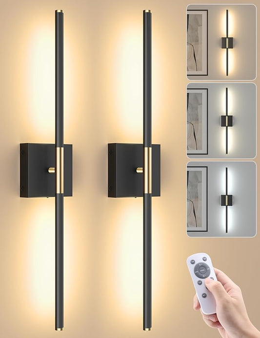 7800mAh Battery Operated Wall Sconces Set of Two, Rechargeable Wall Sconces with Remote, 360° Rotatable Battery Wall Sconce Decor, 27.6'' Wireless Wall Lights for Bedroom, Living Room(Black Gold)