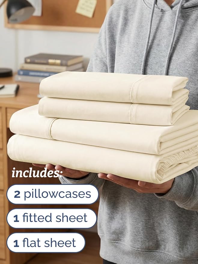 Twin XL 4 Piece Sheet Set - Comfy Breathable & Cooling - Ultra-Soft Hotel Luxury Bedding Set w/ 8-16 Inch Deep Pockets - 1 Flat & 1 Fitted Sheet & 2 Pillowcases - Wrinkle Free & Easy Care - Off White