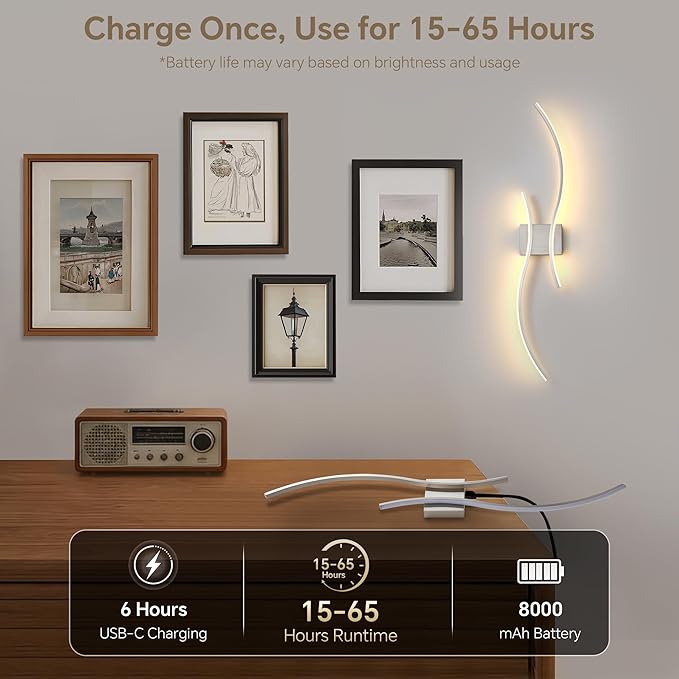 Battery Operated Wall Sconce Set of 2, Dimmable Modern LED Rechargeable Wall Light with Remote Control, Wall Decor for Living Room, Hallway, Quick Install, No Electrician Required