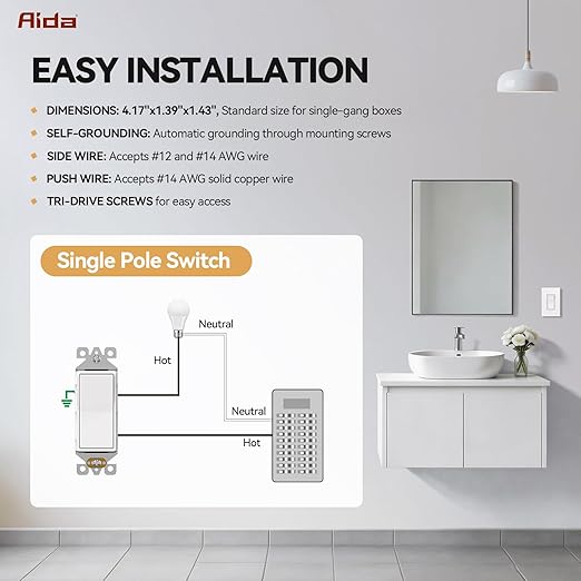 AIDA Matte White Single Pole Decorator Light Switch, 15Amp, 120/277V, Decorative Paddle Rocker Switch Replacement, Electrical Wall Switch,Residential/Commercial Grade, UL/CUL (20 Pack)