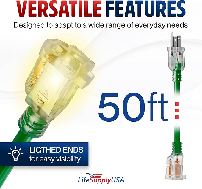 50ft Outdoor/Indoor Extension Cord 12/3 Gauge Extra Heavy Duty 3 Prong SJTW, Waterproof, Flexible Cold-Resistant Long Power Cord,15A 125V 1875W, Green by LifeSupplyUSA