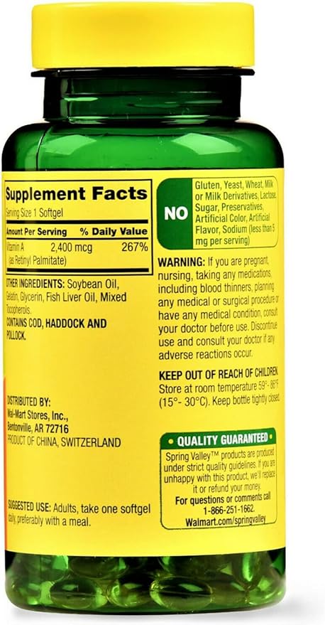 Spring Valley - Complément de Vitamine A 2400 mcg 250 Gélules Molles