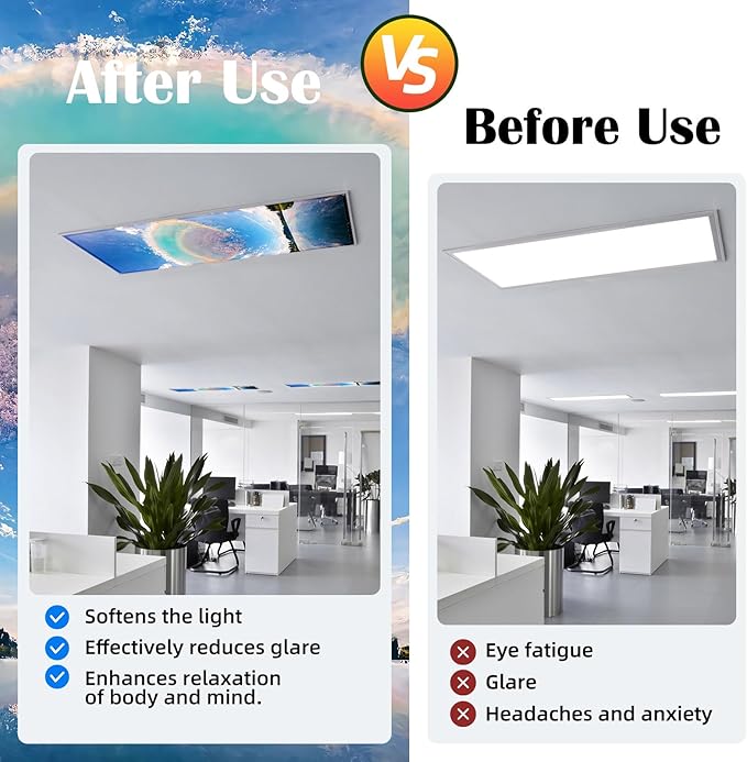 ANGSYLTH 8 Pcs Fluorescent Light Covers - 4 x 2 Feet Covers for Ceiling Lights, 8 x 10 Magnetic Light Filters for Classroom, Office, Hospitals (Blue Sky - Rainbow)