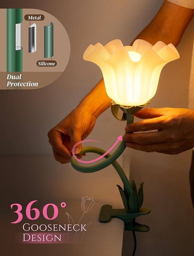 Clip On Light and Flower Desk Lamp, Flexible Gooseneck Reading Book Light with 3 Color Modes Cute Table Lamp Decor, Clip on Bedside Lamp for Bed Headboard,Table, Nursery,Dorm (Green-02)
