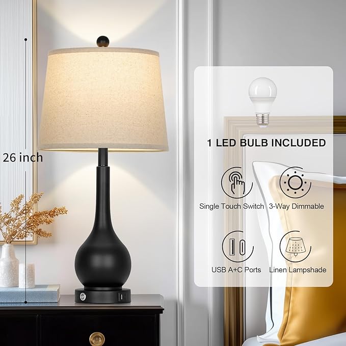 Rinweey 26" Black Table Lamp for Living Room Single, Touch Control Bedside Lamp for Nightstand, 3-Way Dimmable End Table Lamp for Bedroom with USB Charging Port (1 Pack)