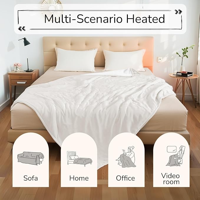 Electric Heated Blanket Queen Size 84"x90" – ETL Certified for Safe Overnight, 4 Heat Settings & 10H Auto Off, Dual-Sided Microplush Sherpa for Home Theater Night, Machine Washable – White