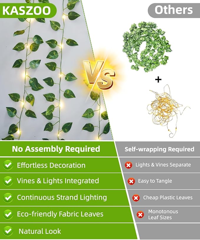 KASZOO 33ft 100 LED Vine with Fairy Lights - Pothos String Lights Battery/USB Operated, Ivy Garland with Remote, Leaf Lights for Bedroom Garden Party Wall Room Decor