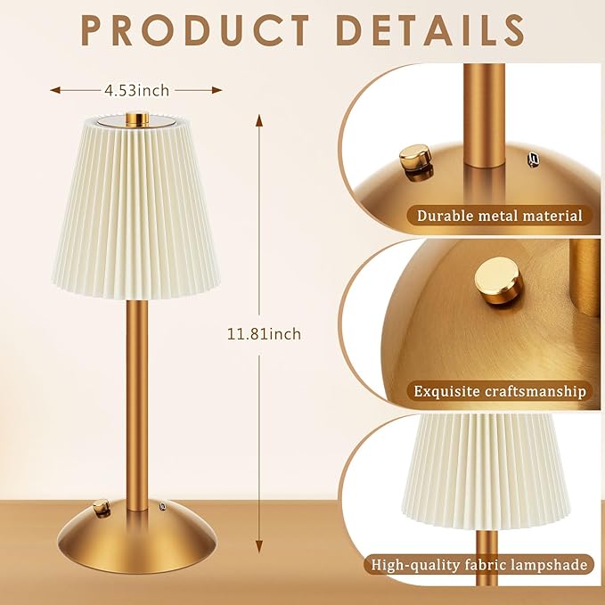Liliful 6 Pcs Cordless Table Lamp Rechargeable Touch LED Small Gold Portable Battery Operated USB-c Desk Lamp 3 Color Dimmable for Bedroom Living Room Dining (Gold,Beige Cloth Style)
