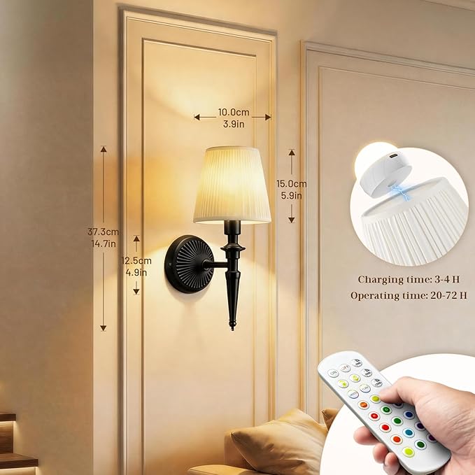 Battery Operated Wall Sconces Set of 2, Wireless Rechargeable Wall Lights with 12 RGB Colors and 3CCT Dimmable, Small Fabric LED Wall Lamps for Bedroom, Living Room, Hallway, Black