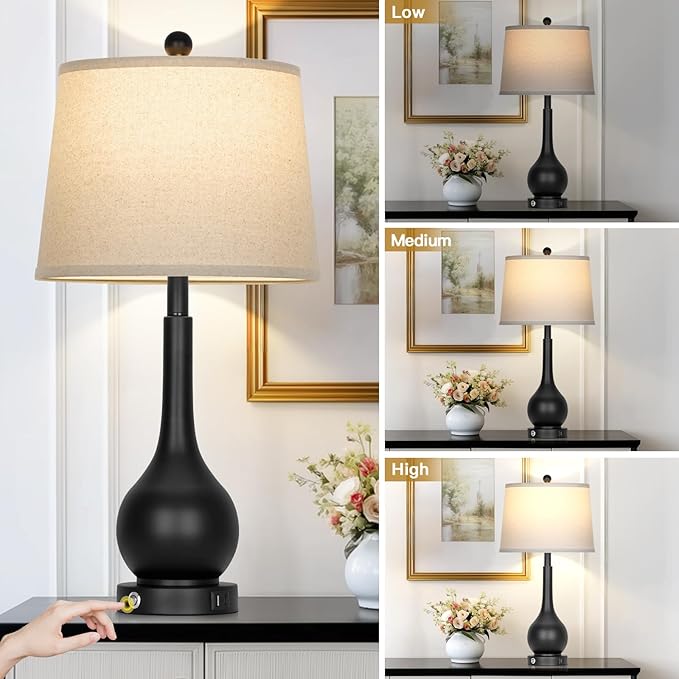 Rinweey 26" Black Table Lamp for Living Room Single, Touch Control Bedside Lamp for Nightstand, 3-Way Dimmable End Table Lamp for Bedroom with USB Charging Port (1 Pack)