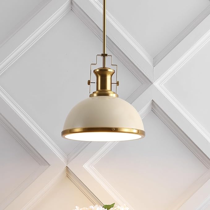 JONATHAN Y JYL9536F 13" Modern Industrial Dome Pendant Light, Farmhouse Hanging Light Fixture in Almond and Brass Gold, Adjustable Height Metal Lighting for Kitchen Island, Dining Room, Entryway
