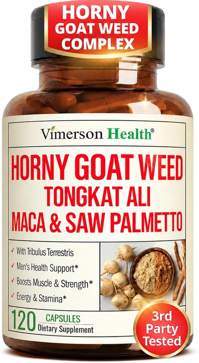 HornyGoatWeed for Men 1000mg - Male Enhancing Supplement with Tongkat Ali, Maca Root, Saw Palmetto, Panax Ginseng, Tribulus Terrestris - Horny Goat Weed for Energy, Drive & Strength, 120 capsules