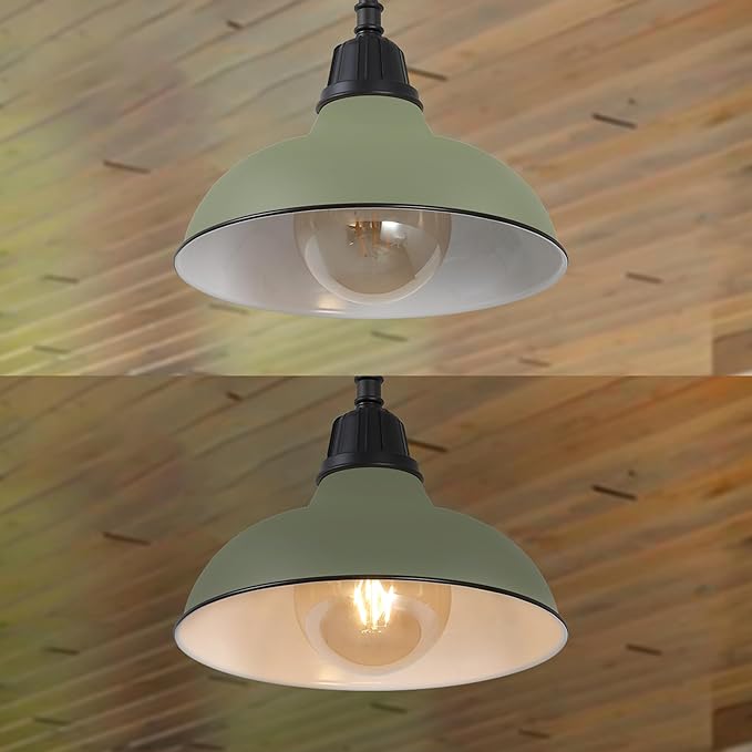 JONATHAN Y 12.25" Matte Olive Green 1-Light Farmhouse Indoor/Outdoor LED Pendant Iron Hanging Light, and Black Metal Shade, Rustic Ceiling Lamp for Kitchen Island, LED Bulb Included (JYL7611I)