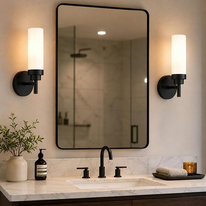 Emak Modern Wall Sconce Set of 2, Black Bathroom Light Fixtures with Milk Glass Shade, Farmhouse Wall Lamp for Bathroom, Bedroom, Living Room, Hallway, WS085-BK-ML-2PK