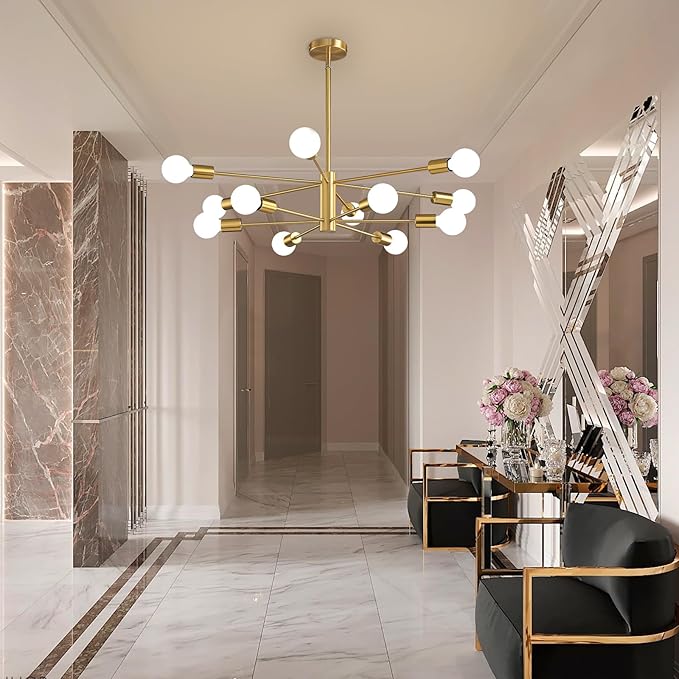 KAISITE Modern Sputnik Chandelier Ceiling Light Fixture 12-Light Gold Chandelier for Dining Room Over Table Height Adjustable Mid Century Industrial Chandelier for Kithchen Living Room Entryway