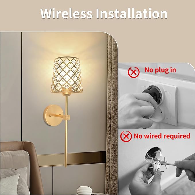 Crystal Battery Operated Wall Sconces Set of 2, Gold Rechargeable Wireless Wall Sconce Lights for Home Decor, Dimmable 12 RGB and 3CCT Wall Lamps with Remote for Living Room Bedroom Hallway