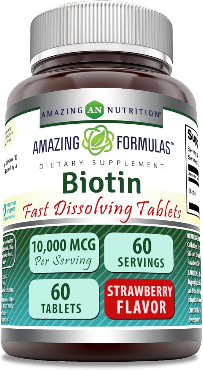 Amazing Formulas Biotin 10,000 mcg | Fast Dissolve Tablets | Non-GMO | Gluten Free Supplement | Made in USA (Strawberry, 60 Count)