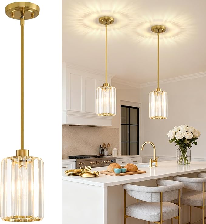 2 Pack Pendant Lights Kitchen Island, Modern Gold Pendant Light Fixtures, Mini Chandelier Crystal Kitchen Island Lighting, Hanging Pendant Lights Fixture for Kitchen Island Dining Room Hallway Foyer
