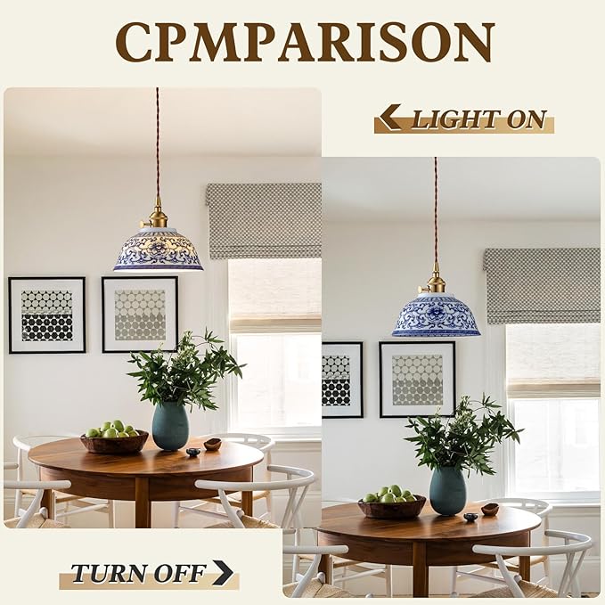 Ceramic Pendant Light, Chinese Blue and White Porcelain Pendant Light fixtures, Bedside Light, Hanging lamp for Kitchen Island Light Fixture, Home Bedroom Dining Room Ceiling Hanging Light 9in