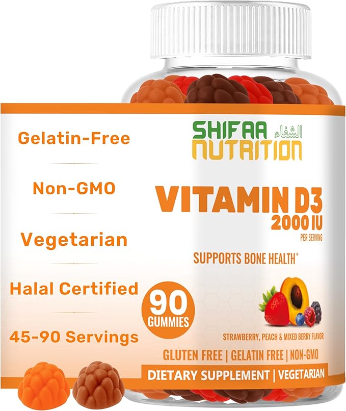 Gummies végétariennes de vitamine D3 SHIFAA NUTRITION pour adultes et enfants | 45-90 portions, 2 000 UI / 1 000 UI | Sans OGM, sans gluten, sans gélatine | Soutient les os, les muscles et le système immunitaire Vitamines Halal