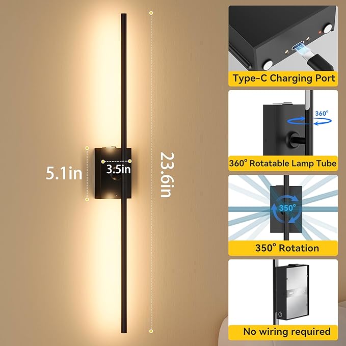 Ouyulong Battery Operated Wall Sconces Set of 2, 10000mAh Wireless Rechargeable 3000-6000K Dimmable 350° Rotate Wall Light with Remote for Living Room, Bedroom 23.6in Black