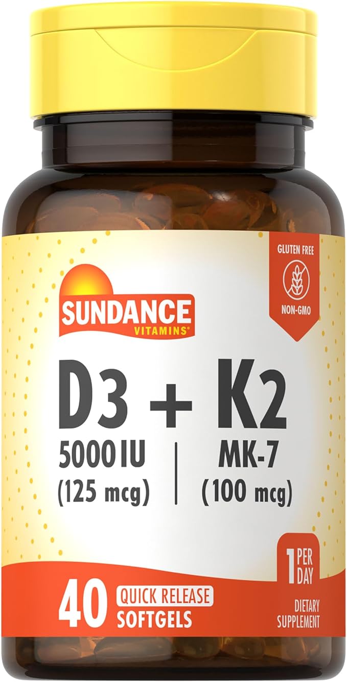 Sundance ビタミンD3 K2 | 40粒 クイックリリースソフトジェル | 5000 IU | 非遺伝子組み換え グルテンフリー サプリメント