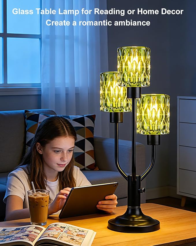 Mid Century Modern Table Lamp for Living Room Dimmable Nightstand Lamp Black Vintage Desk Lamp with Green Glass 3 Bulbs Included Warmwhite Ambient Bedside Lamps for Bedroom Office Home Decor
