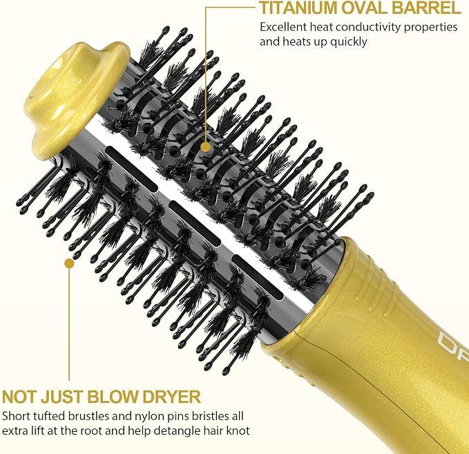 DAN Technology 2-in-1 Dual Voltage Hot Air Brush, Less Frizz & More Shine with Reduced Heat Damage, 2 Inch Oval Volumizer Blow Dryer Brush for Root Lift & Smooth Blowout, Ideal for All Hair