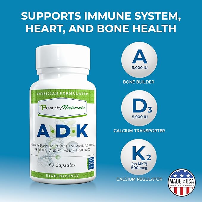 Power By Naturals Complément de Vitamines ADK – Mélange Hautement Dosé de Vitamines A, D3 5000 UI et K2 MK7 pour la Santé Osseuse – Complément de Vitamines A D K – 60 Gélules (2 Mois d'Approvisionnement)