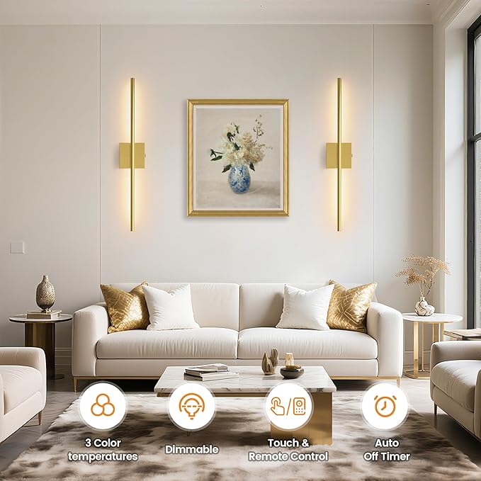 VOLISUN Battery Operated Wall Sconces Set of Two, Rechargeable Wall Sconces with Remote, 3000K-6500K Dimmable Battery Wall Sconce Decor, 27.6'' Wireless Wall Lights for Bedroom, Living Room(Gold)