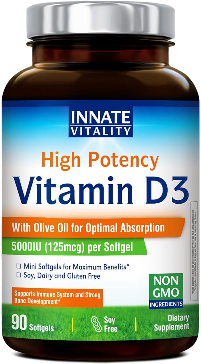 Innate Vitality Vitamine D3 5000 UI (125 µg), Vitamine D à haute puissance pour le soutien de la santé des os, des dents et du système immunitaire, sans OGM, sans soja ni gluten, dans de l'huile d'olive, mini gélules molles, 90 capsules